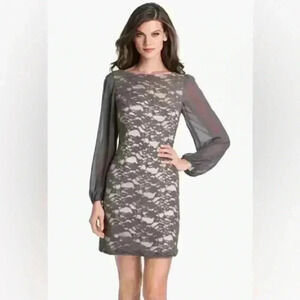 Eliza J Women's Shear Long sleeves Gray Lace Shift Dress  Size 4P